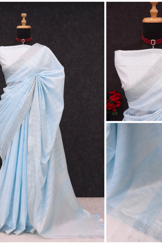 Elegant   Pure  heavy Linen-Cotton Saree with Silver Striped Border”