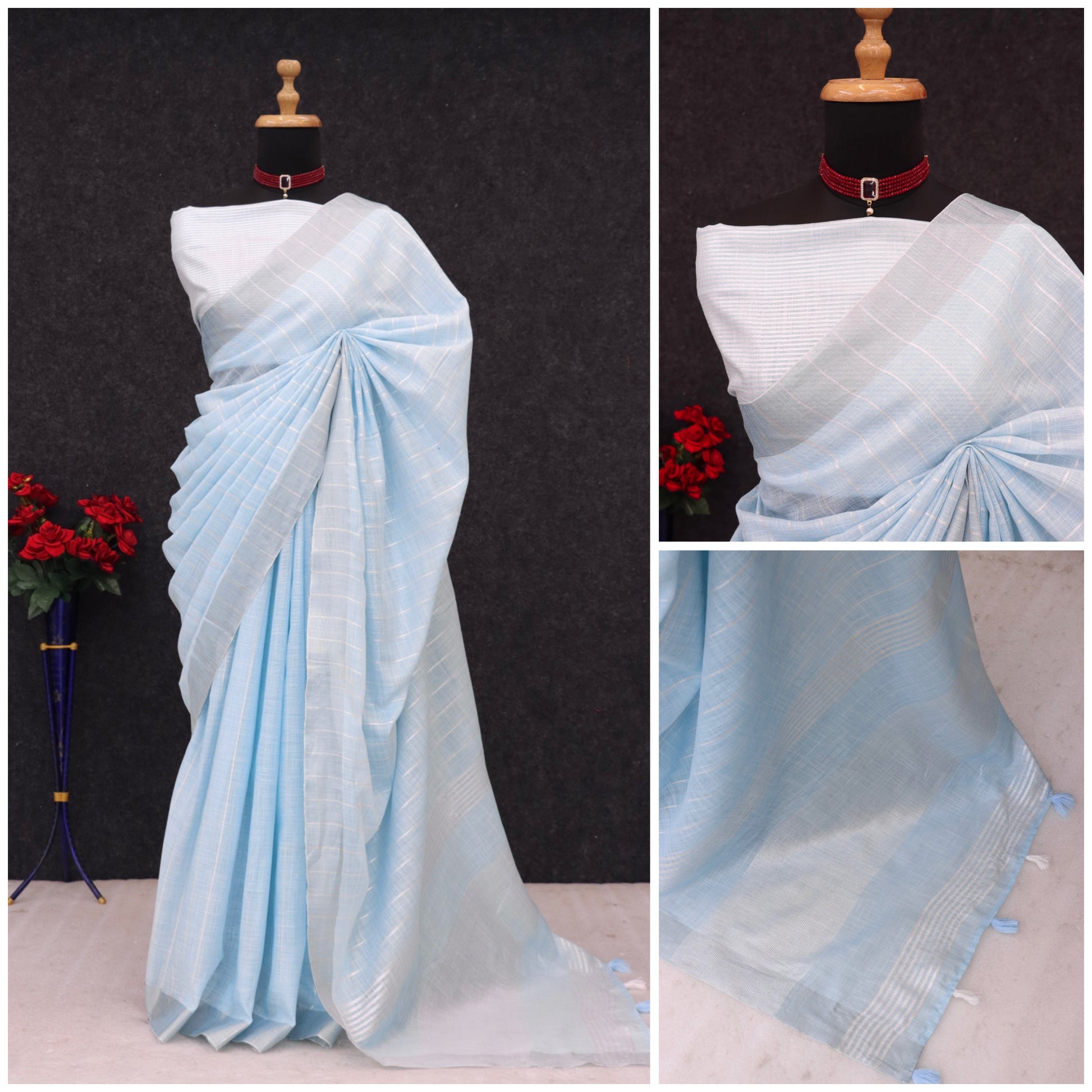 Elegant   Pure  heavy Linen-Cotton Saree with Silver Striped Border”