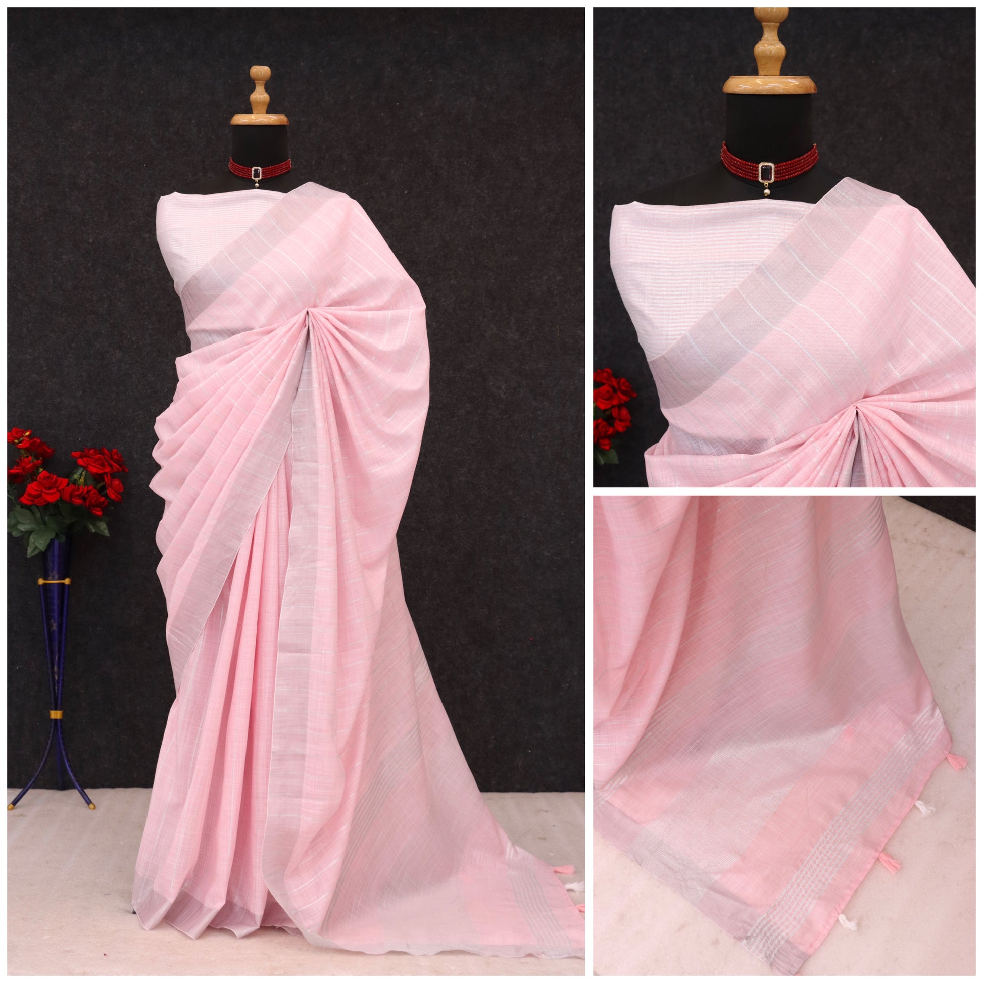 Elegant   Pure  heavy Linen-Cotton Saree with Silver Striped Border”