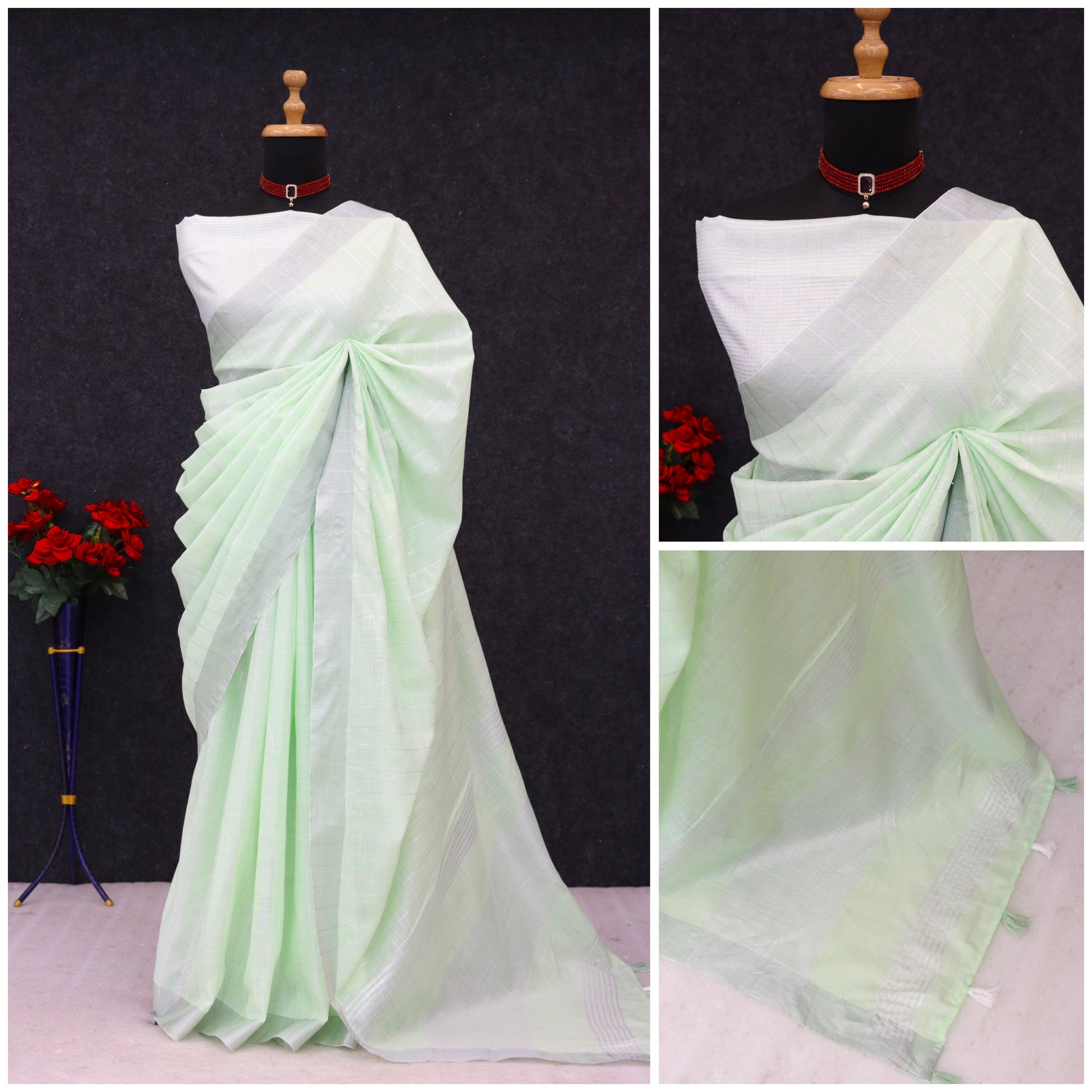 Elegant   Pure  heavy Linen-Cotton Saree with Silver Striped Border”