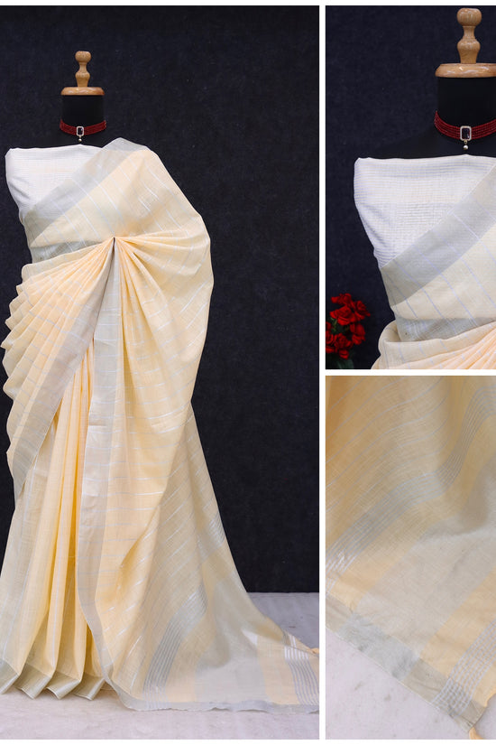 Elegant   Pure  heavy Linen-Cotton Saree with Silver Striped Border”