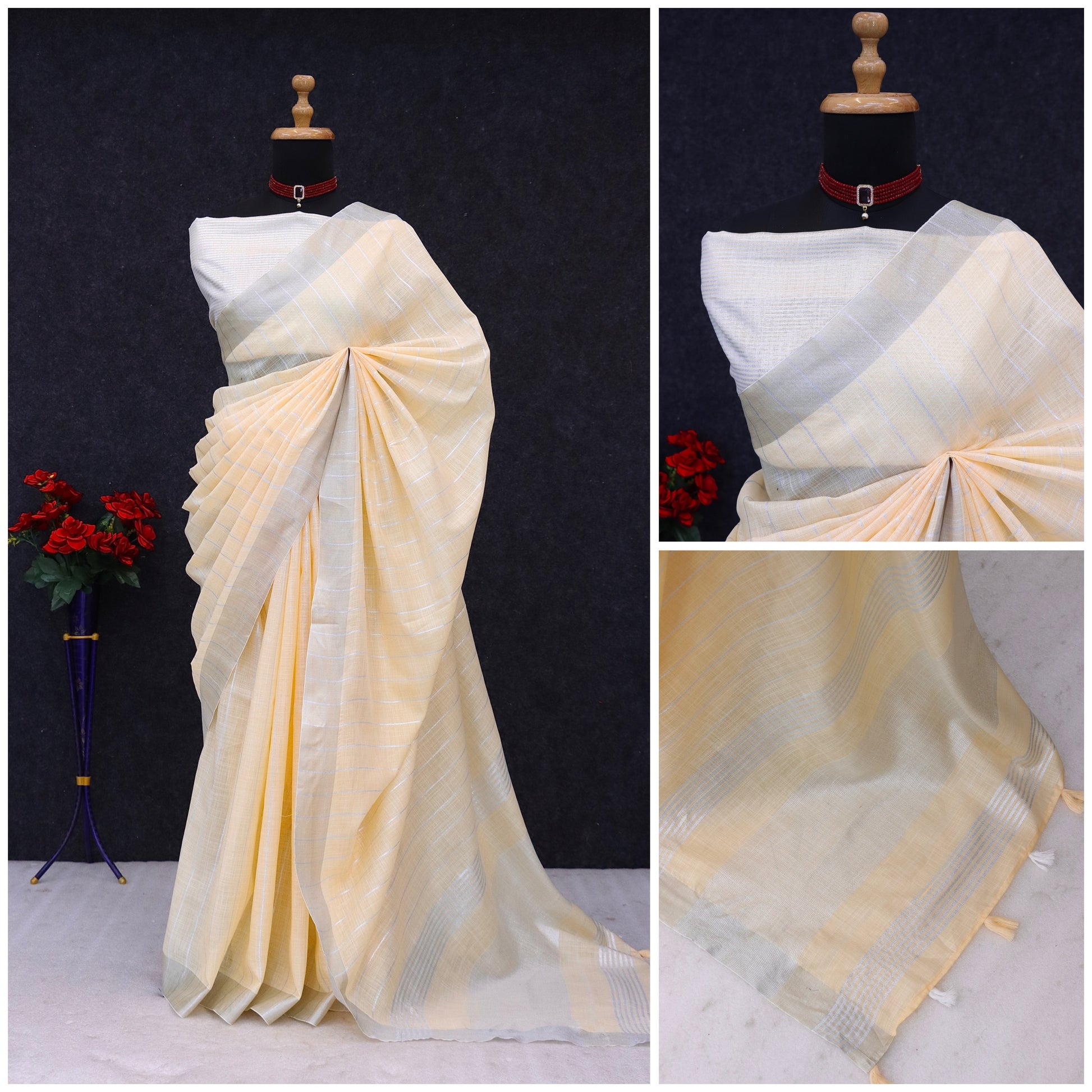 Elegant   Pure  heavy Linen-Cotton Saree with Silver Striped Border”