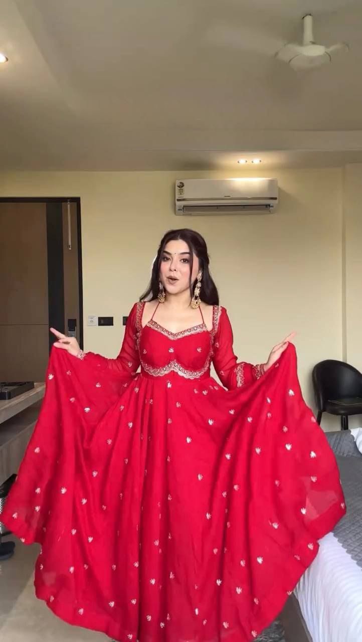 Elegant Ruby Flared Anarkali Gown