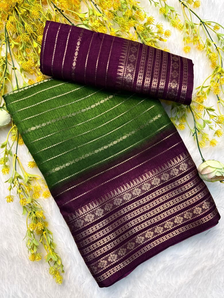 Elegant Green and Maroon Handloom Type  Saree with Intricate Elephant and Floral Border Design