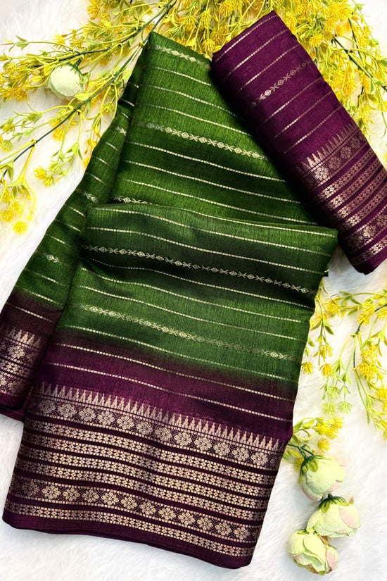 Elegant Green and Maroon Handloom Type  Saree with Intricate Elephant and Floral Border Design