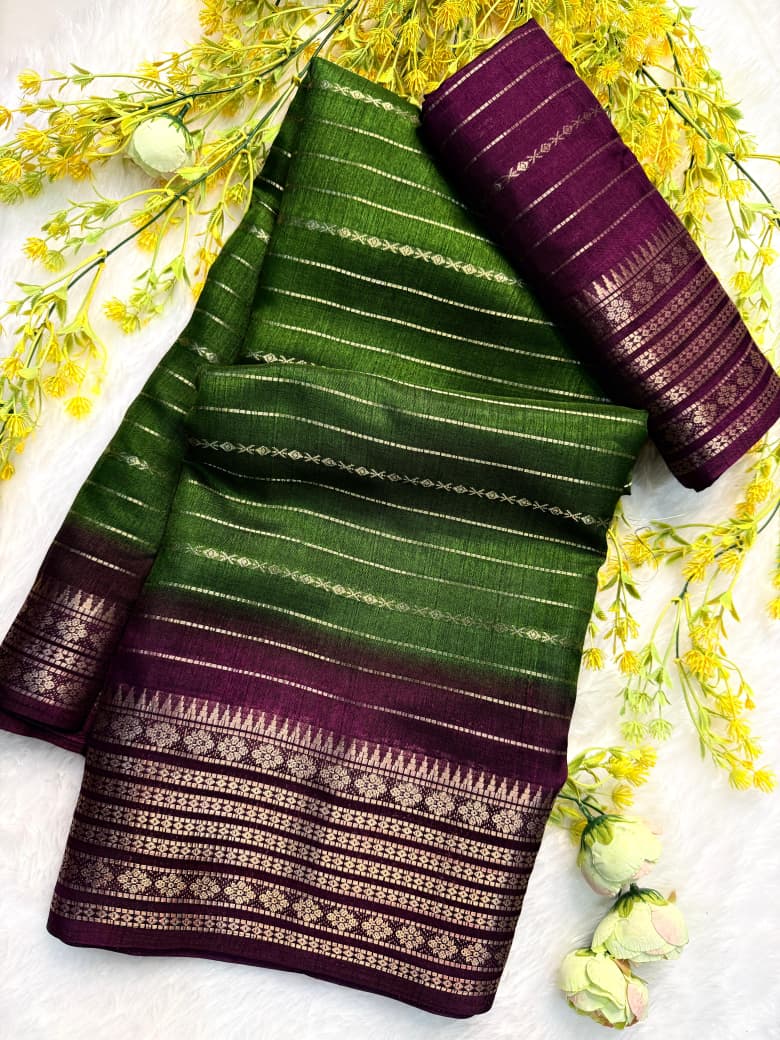 Elegant Green and Maroon Handloom Type  Saree with Intricate Elephant and Floral Border Design
