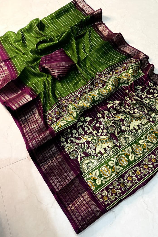Elegant Green and Maroon Handloom Type  Saree with Intricate Elephant and Floral Border Design