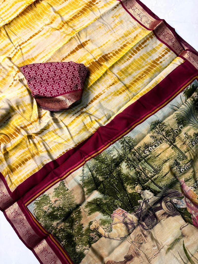 Traditional Rajasthani Tie-Dye Shibori print  Party Wear Saree with Village Art Pallu