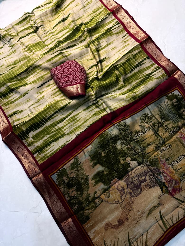 Traditional Rajasthani Tie-Dye Shibori print  Party Wear Saree with Village Art Pallu